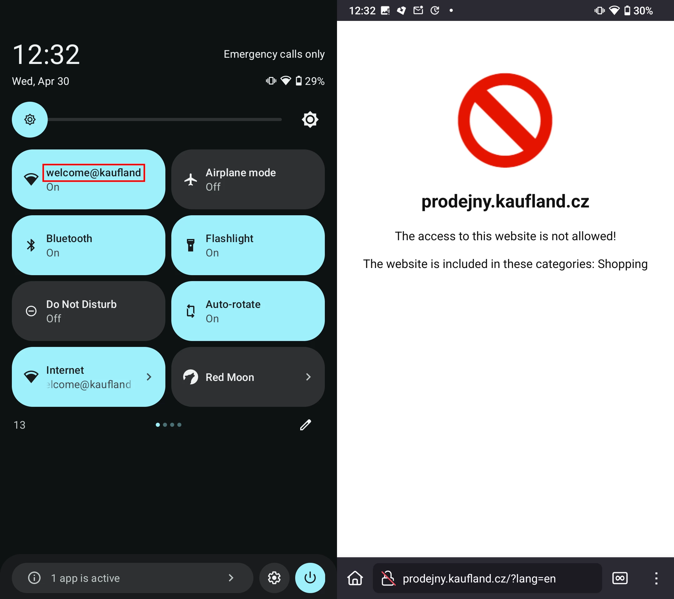 Two Android phone screenshots side by side. One shows Quick Settings tiles, apparently connected to the "welcome@kaufland" Wi-Fi network, the other shows web browser: "🚫 prodejny.kaufland.cz: The access to this website is not allowed! The website is included in these categories: Shopping"
