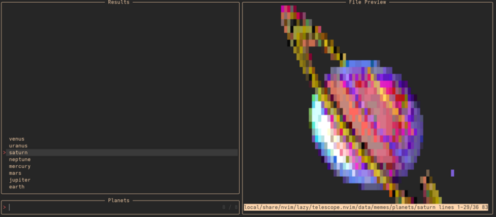 Screenshot of a neovim with telescope plugin with a planets picker. It displays a floating window with a list of planet names on a left with saturn highlighted. The right side has a preview of a Saturn the planet. The ball with a big ring around it. The preview is pixelated as it is displayed on a terminal.
